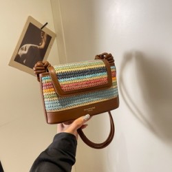 Mujeres Medio Cuero Sintético Bloque De Color Básico Estilo Clásico Hilo De Coser Cuadrado Hebilla Magnética Bolso Bandolera