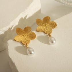 1 Par Básico Exagerado Estilo Clásico Flor Enchapado Acero inoxidable 304 Perlas Artificiales Circón chapados en oro de 18k Pend