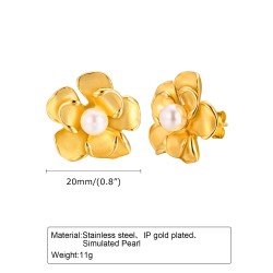 1 Par Estilo IG Dulce Flor Embutido Acero Inoxidable 201 Perlas Artificiales chapados en oro de 18k Pendientes