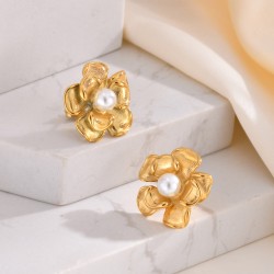 1 Par Estilo IG Dulce Flor Embutido Acero Inoxidable 201 Perlas Artificiales chapados en oro de 18k Pendientes