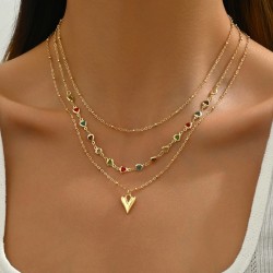 Cobre chapados en oro de 18k Embutido Forma De Corazón Vidrio Collar de Tres Capas