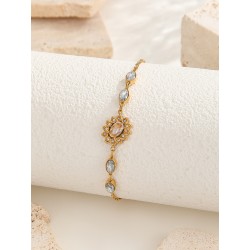 Elegante Ropa De Calle Oval Flor Acero Titanio chapados en oro de 18k Cristal Artificial Pulsera Al Mayoreo