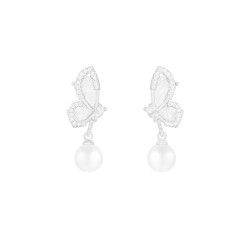 1 Par Elegante Señora Mariposa Embutido Cobre Perlas Artificiales Circón Pendientes De Gota