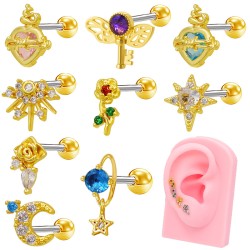 1 Pieza Piercing De La Oreja Estilo IG Sexy Luna Forma De Corazón Floral Acero inoxidable 316 Cobre Embutido Vidrio Chapado En O