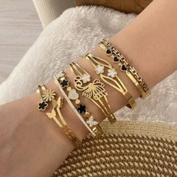 Elegante Estilo Simple Flor Mariposa Acero inoxidable 304 chapados en oro de 18k Circón Brazalete Al Mayoreo