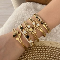 Elegante Estilo Simple Flor Mariposa Acero inoxidable 304 chapados en oro de 18k Circón Brazalete Al Mayoreo