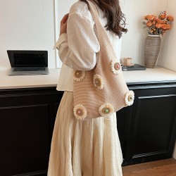 Mujeres Medio Tejer Flor Lindo Estilo Clásico Hilo De Coser Balde Abierto Bolsas De Hombro
